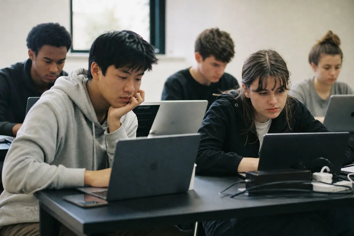 Students engaged in an AI programming workshop with laptops open