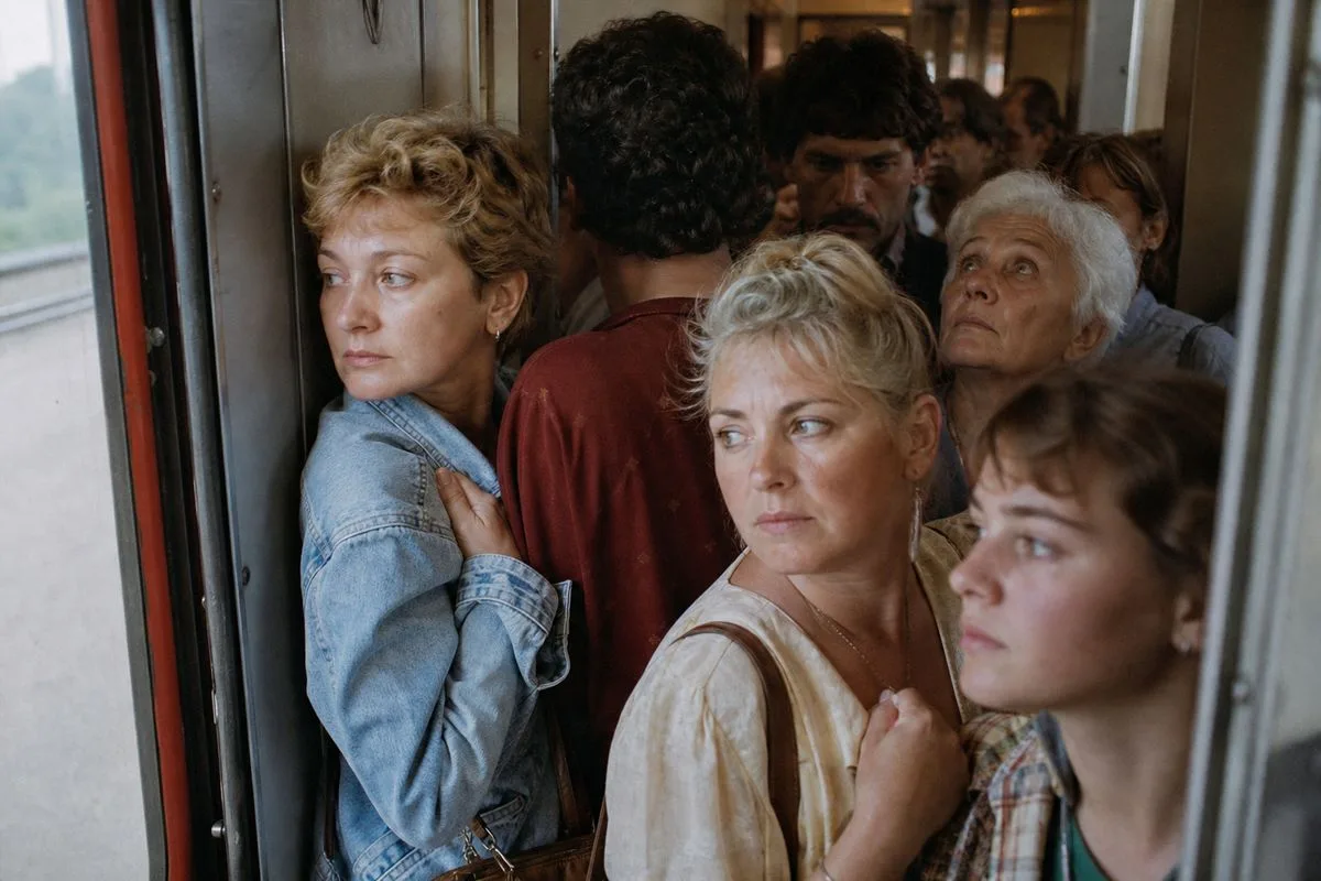 Passengers crowded in a packed train carriage vestibule.
