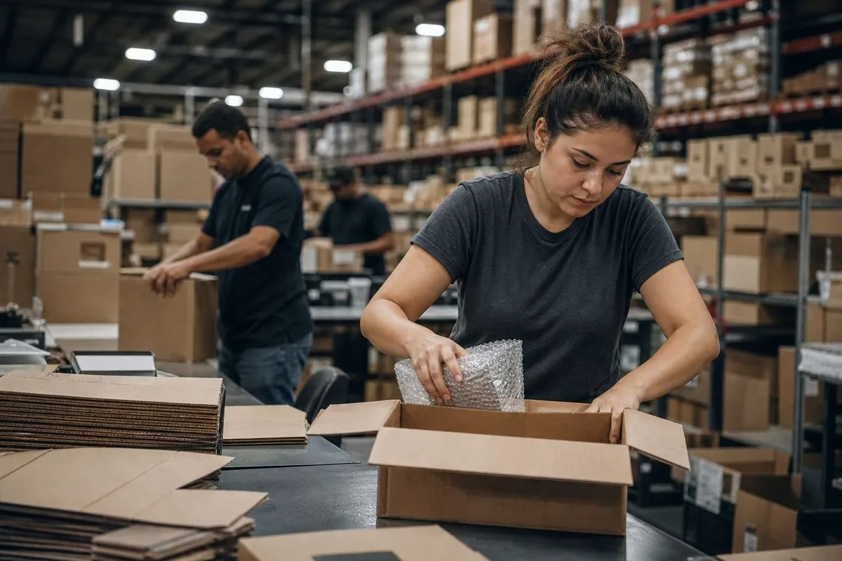 Warehouse workers packing boxes for Amazon shipments