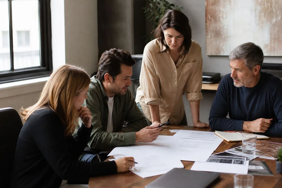 A team meeting reviewing software integration plans