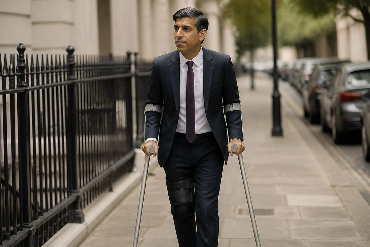 Rishi Sunak walking outdoors using crutches.