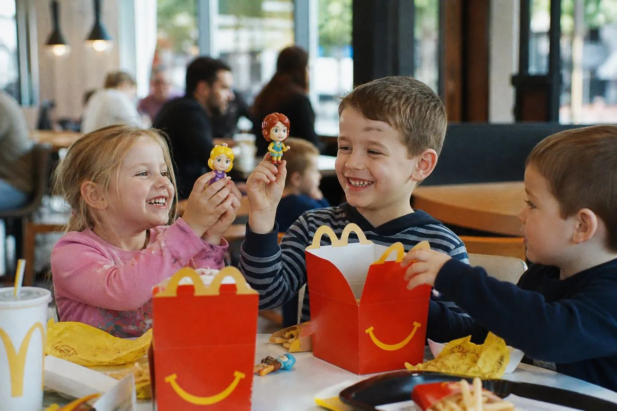 Children enjoying Happy Meals with Disney-themed toys at a McDonald's table