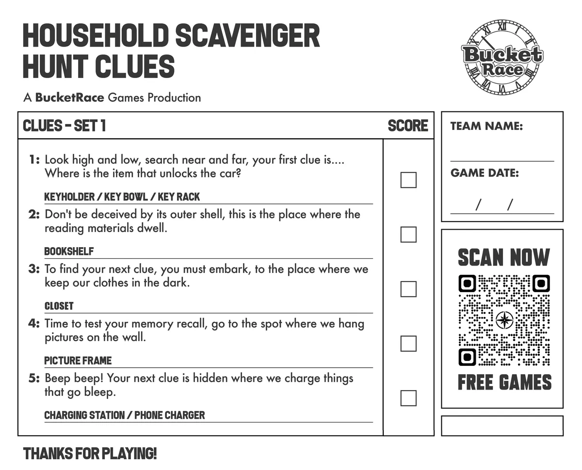 Household Scavenger Hunt Printable Clues