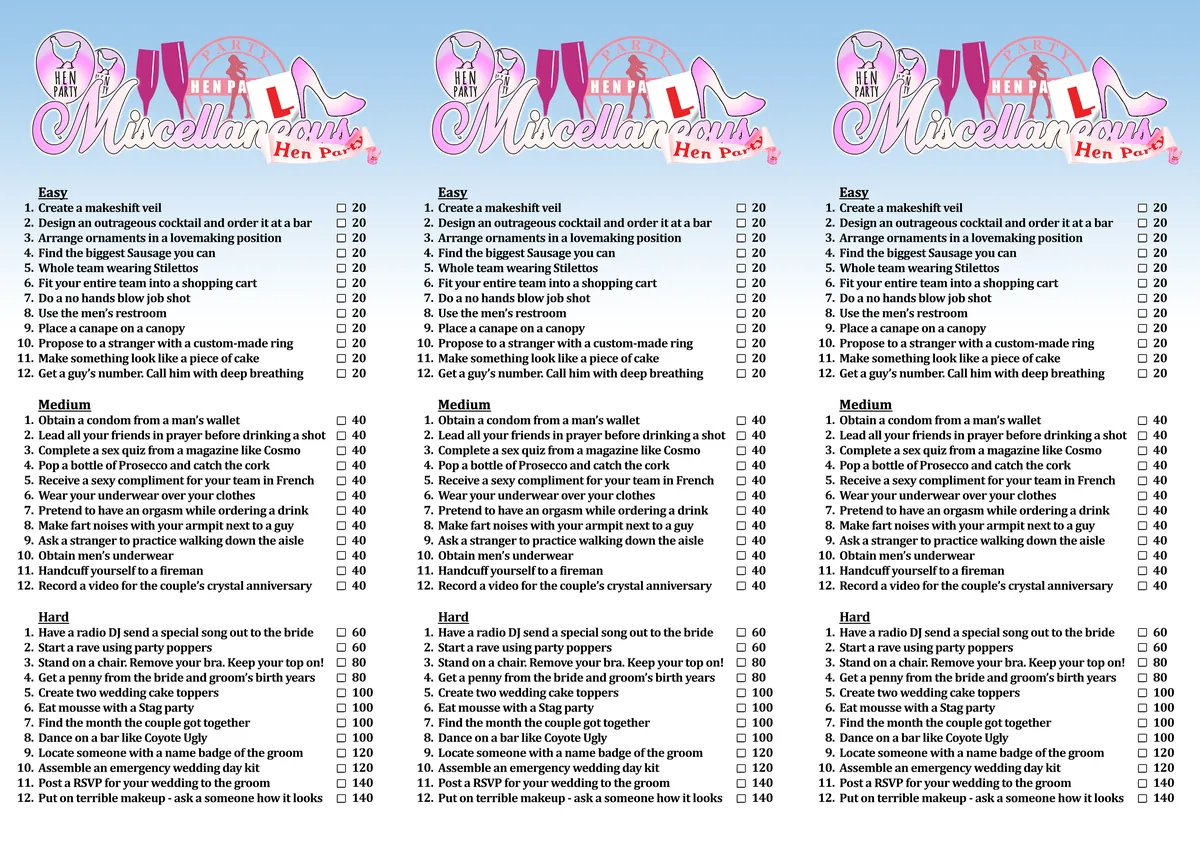 Hen Party Scavenger Hunt Printable