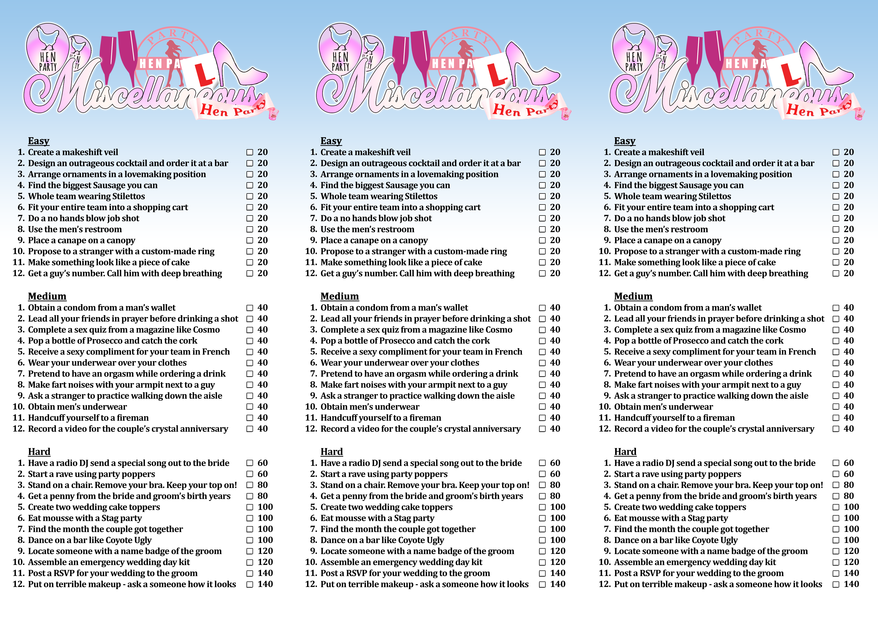Hen Party Scavenger Hunt Printable