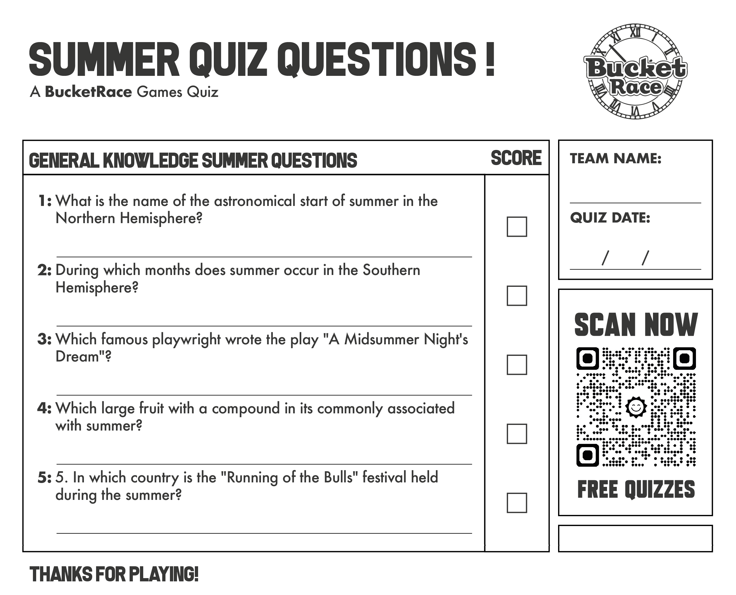 Summer Quiz Questions